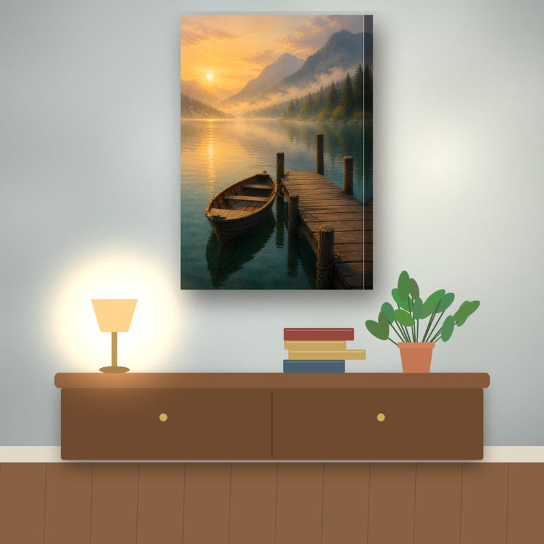 May include: A rectangular canvas wall art print featuring a serene lake landscape at sunrise. A wooden rowboat is moored to a weathered wooden pier, with misty mountains and evergreen trees in the background under a warm, golden sky.