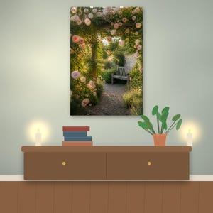 May include: A rectangular wall art print featuring a garden scene with a wooden bench positioned under an archway covered in light pink roses. The path is made of gravel and leads toward the bench, surrounded by lush green foliage and soft sunlight.