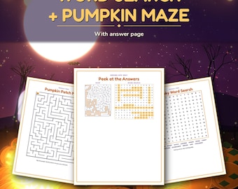 Halloween-Wortsuch- und Labyrinth-Rätselpaket, druckbare Kinderrätsel mit Lösungsblatt, Aktivität für die Klassenparty, Sofort-Download