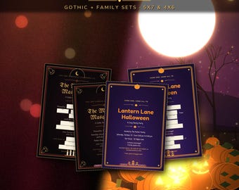 Halloween-Einladungsset, druckbare Einladungen im Format 5x7 und 4x6 (Gothic, Viktorianisch & Kürbisparty für die Familie), Antwortkarten, sofortiger PDF-Download
