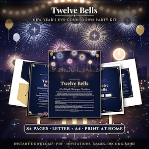 May include: A New Year's Eve countdown party kit titled Twelve Bells, featuring 84 pages of printable invitations, games, and decor. The dark blue design includes gold text, firework illustrations, and instructions for printing on letter paper.