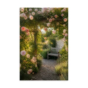 Rosewalk Arbour Rose Garden Wall Art, Blush Pink & Peach Roses Poster Print, Garden Bench Painterly Floral Decor, Anniversary Gift