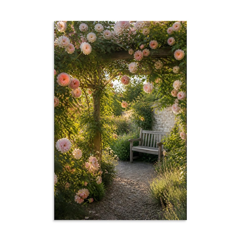 Rosewalk Arbour Rose Garden Wall Art, Blush Pink & Peach Roses Poster Print, Garden Bench Painterly Floral Decor, Anniversary Gift
