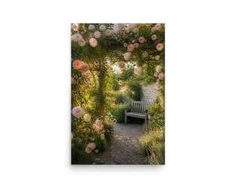 Rosewalk Arbour Rose Garden Wall Art, Blush Pink & Peach Roses Poster Print, Garden Bench Painterly Floral Decor, Anniversary Gift