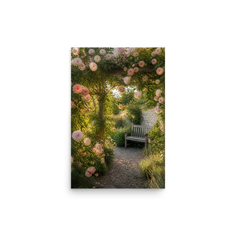 Rosewalk Arbour Rose Garden Wall Art, Blush Pink & Peach Roses Poster Print, Garden Bench Painterly Floral Decor, Anniversary Gift