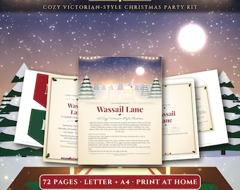 Weihnachtsparty-Set zum Ausdrucken: Gemütliche Einladungen im viktorianischen Stil, Menü, Weihnachtslieder, Spiele, Plätzchentausch, Mitbringbuffet, sofort als PDF verfügbar