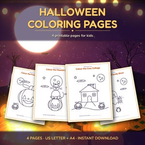 May include: Four printable Halloween coloring pages for kids featuring black and white line art of a pumpkin, a cat on a pumpkin, a cottage, and a ghost. The text reads HALLOWEEN COLORING PAGES, 4 printable pages for kids, and 4 PAGES US LETTER + A4.