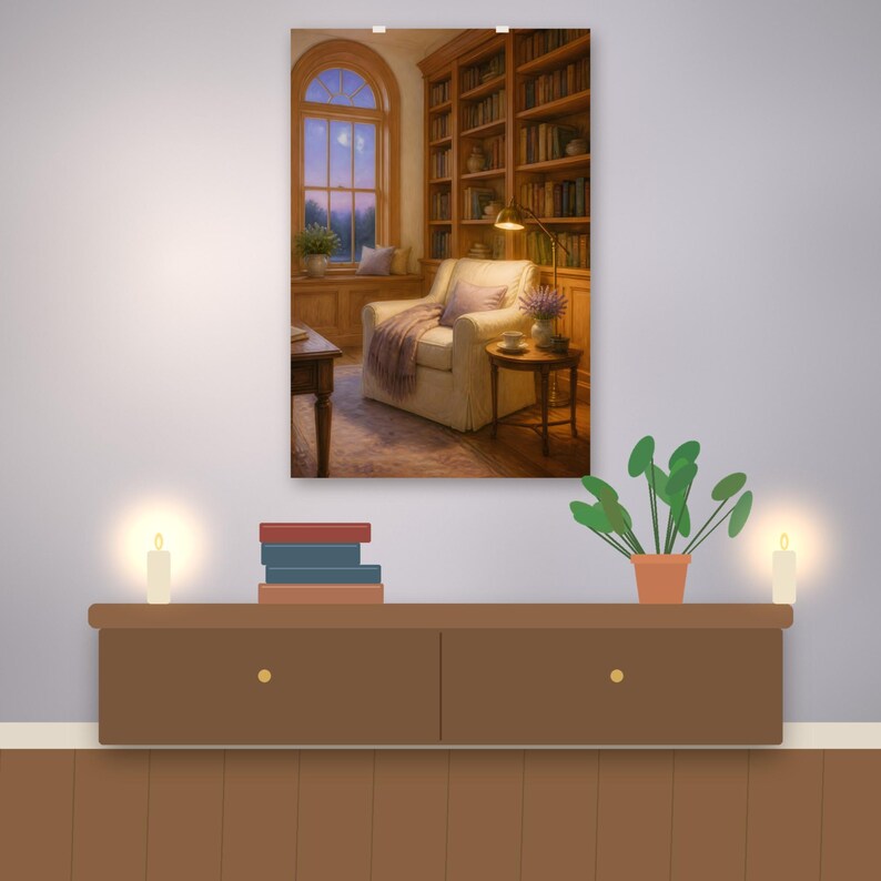 Puede incluir: Una impresi&oacute;n de arte mural que muestra una acogedora biblioteca con un sill&oacute;n color crema, una mesa auxiliar de madera con l&aacute;mpara y estanter&iacute;as de suelo a techo. Una ventana muestra el cielo al atardecer con una manta.