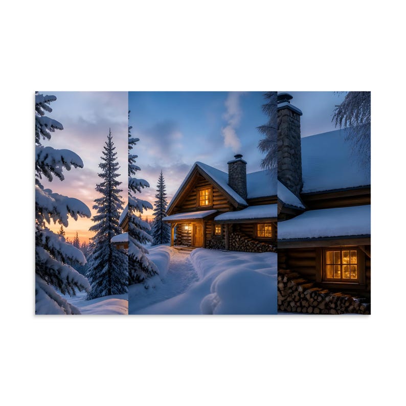 Hearthlight Cabin Snowy Log Cabin Wall Art, Winter Forest Poster Print, Warm Glowing Windows, Cozy Lodge Decor, Housewarming Gift