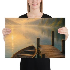Amberlight Lake Mountain Lake Wall Art, Golden Hour Rowboat & Dock Canvas Print, Painterly Landscape, Teal and Gold Decor