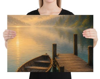 Amberlight Lake Mountain Lake Wall Art, Golden Hour Rowboat & Dock Canvas Print, Painterly Landscape, Teal and Gold Decor