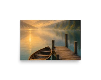 Amberlight Lake Mountain Lake Wall Art, Golden Hour Rowboat & Dock Poster Print, Painterly Landscape, Teal and Gold Decor