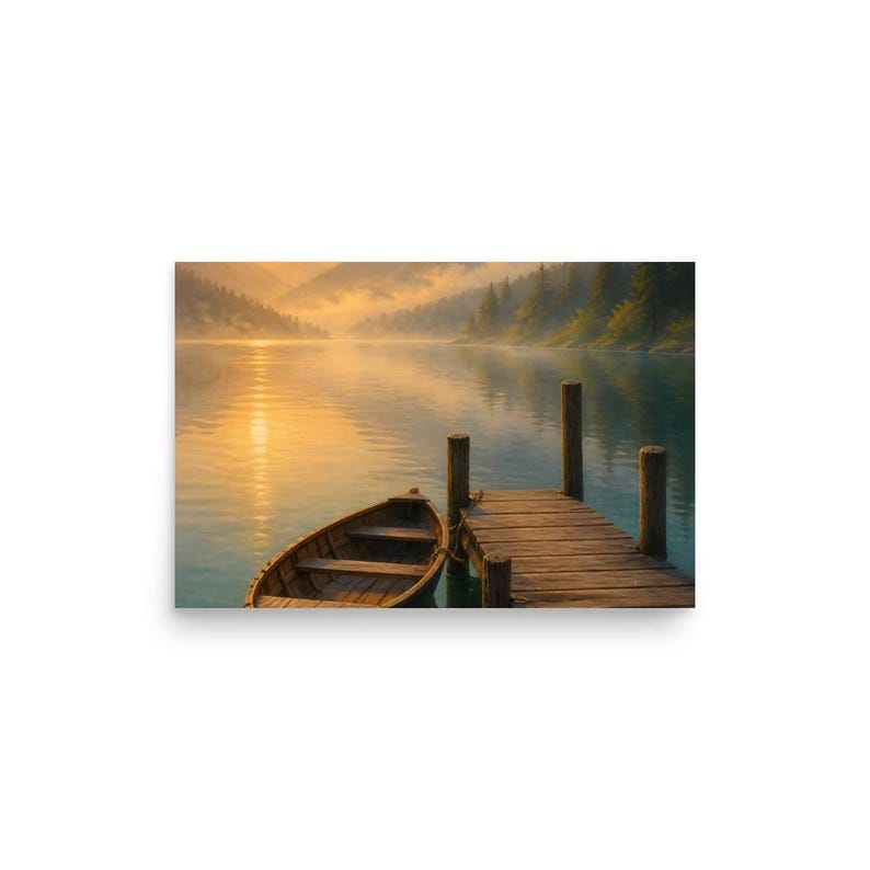 Amberlight Lake Mountain Lake Wall Art, Golden Hour Rowboat & Dock Poster Print, Painterly Landscape, Teal and Gold Decor