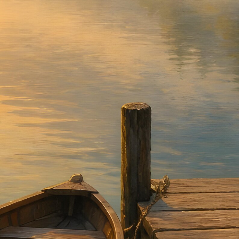 May include: A wooden rowboat is moored beside a weathered wooden dock post. The calm water reflects golden sunlight, creating a serene scene with the boat's bow visible in the foreground and the textured planks of the dock extending to the right.