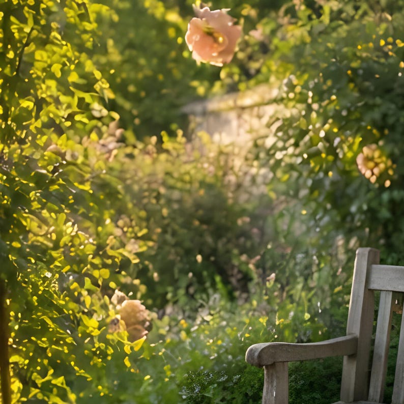 May include: A light-colored wooden bench sits in a garden setting with green foliage and soft, pale pink roses. The scene is illuminated by warm, golden sunlight filtering through the leaves, creating a bright and natural outdoor atmosphere.