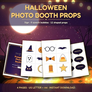 May include: A set of printable Halloween photo booth props including a sign, six speech bubbles, and twelve shaped props like a witch hat, ghost, cat, bat, glasses, bow tie, candy corn, and star. The text reads Halloween Photo Booth Props.