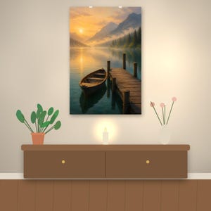 May include: A rectangular wall art print featuring a serene landscape with a wooden rowboat moored to a weathered dock. The scene depicts a calm lake reflecting a golden sunrise, surrounded by misty mountains and a dense forest of pine trees.