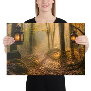 Lantern Woods Autumn Forest Path Wall Art, Glowing Lanterns Canvas Print, Mossy Woodland Fall Decor, Entryway & Living Room Art