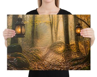 Lantern Woods Autumn Forest Path Wall Art, Glowing Lanterns Canvas Print, Mossy Woodland Fall Decor, Entryway & Living Room Art