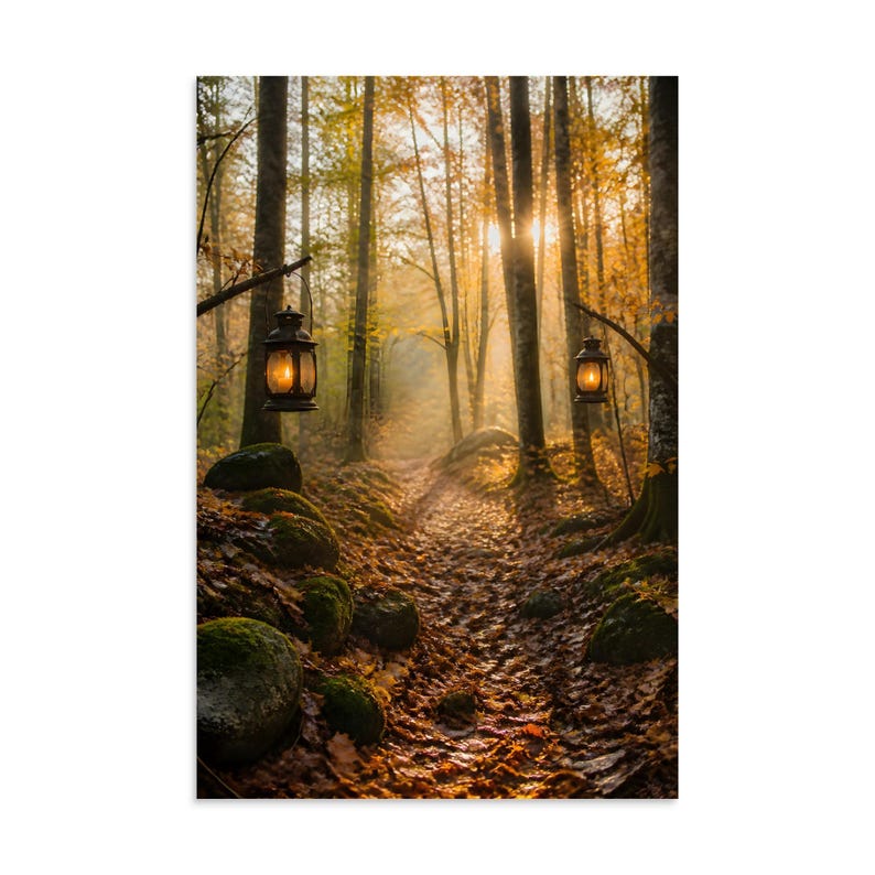 Lantern Woods Autumn Forest Path Wall Art, Glowing Lanterns Poster Print, Mossy Woodland Fall Decor, Entryway & Living Room Art