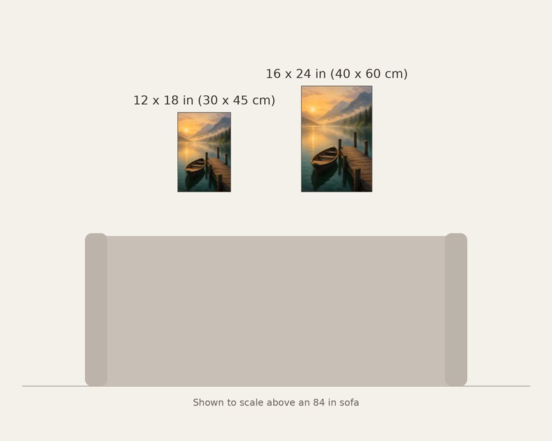 May include: Two vertical wall art prints depicting a lake scene with a wooden boat and pier at sunset. The prints are labeled with dimensions of 12 x 18 inches and 16 x 24 inches, shown to scale above an 84 inch sofa illustration.