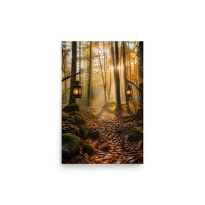 Lantern Woods Autumn Forest Path Wall Art, Glowing Lanterns Poster Print, Mossy Woodland Fall Decor, Entryway & Living Room Art