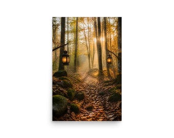 Lantern Woods Autumn Forest Path Wall Art, Glowing Lanterns Poster Print, Mossy Woodland Fall Decor, Entryway & Living Room Art