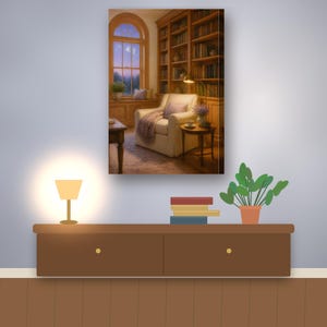 K&ouml;nnte beinhalten: Ein Leinwanddruck, der eine gem&uuml;tliche Bibliotheksszene mit einem cremefarbenen Sessel, einem mit B&uuml;chern gef&uuml;llten Holzregal, einem kleinen Beistelltisch mit Lampe und einem gro&szlig;en Bogenfenster mit Blick auf einen D&auml;mmerungshimmel zeigt.