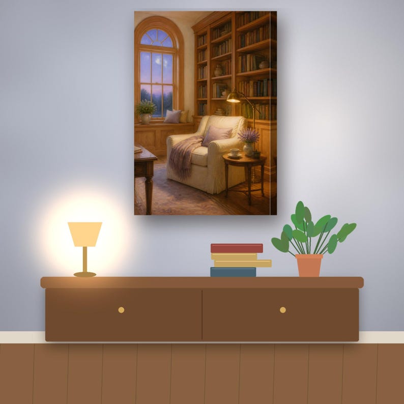 K&ouml;nnte beinhalten: Ein Leinwanddruck, der eine gem&uuml;tliche Bibliotheksszene mit einem cremefarbenen Sessel, einem mit B&uuml;chern gef&uuml;llten Holzregal, einem kleinen Beistelltisch mit Lampe und einem gro&szlig;en Bogenfenster mit Blick auf einen D&auml;mmerungshimmel zeigt.
