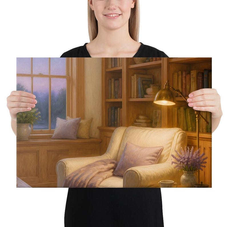 Moonlit Reading Room Canvas Wall Art, Cozy Library Reading Nook Print, Gallery-Wrapped Stretched Canvas for Living Room or Home Office