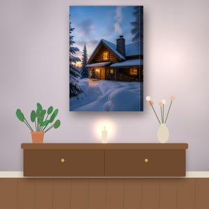 May include: A rectangular canvas wall art print depicting a log cabin in a snowy winter landscape at twilight. The cabin features warm glowing windows, a stone chimney, and a wood pile. Snow-covered pine trees surround the structure.