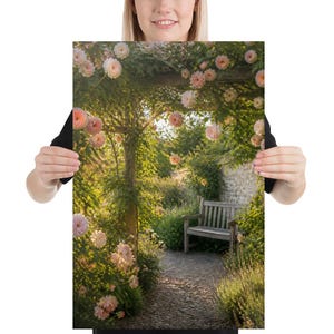 Rosewalk Arbour Rose Garden Wall Art, Blush Pink & Peach Roses Canvas Print, Garden Bench Painterly Floral Decor, Anniversary Gift