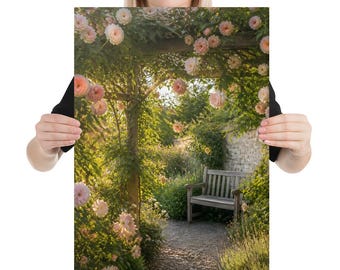 Rosewalk Arbour Rose Garden Wall Art, Blush Pink & Peach Roses Canvas Print, Garden Bench Painterly Floral Decor, Anniversary Gift