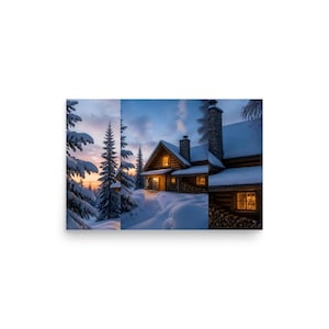 Hearthlight Cabin Snowy Log Cabin Wall Art, Winter Forest Poster Print, Warm Glowing Windows, Cozy Lodge Decor, Housewarming Gift