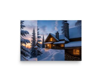 Hearthlight Cabin Snowy Log Cabin Wall Art, Winter Forest Poster Print, Warm Glowing Windows, Cozy Lodge Decor, Housewarming Gift