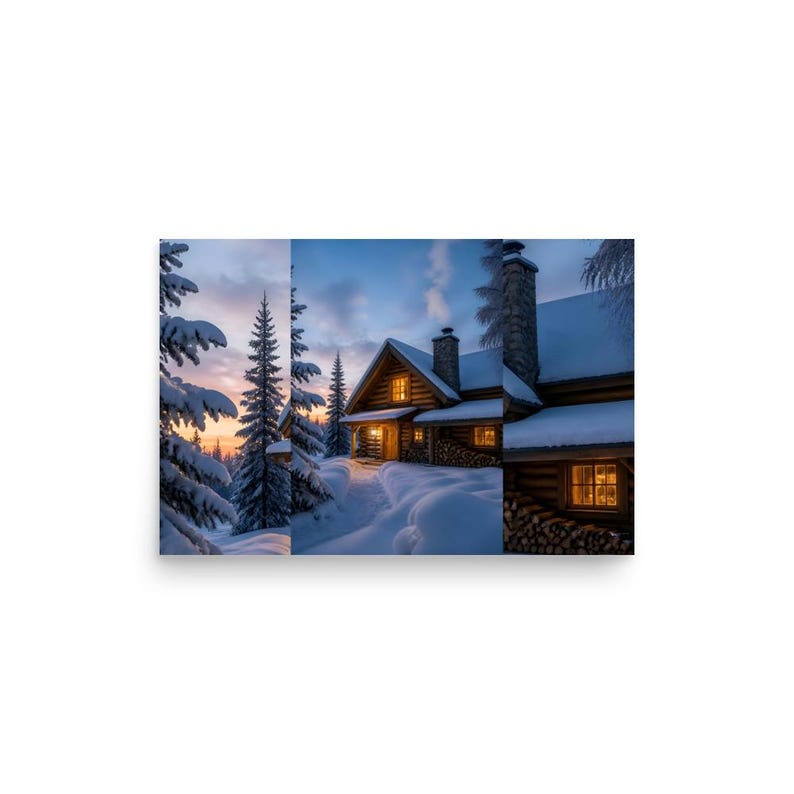 Hearthlight Cabin Snowy Log Cabin Wall Art, Winter Forest Poster Print, Warm Glowing Windows, Cozy Lodge Decor, Housewarming Gift