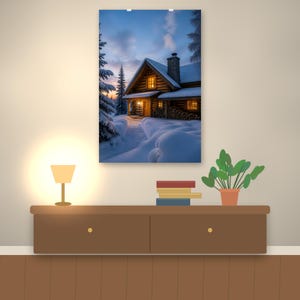 May include: A vertical wall art print depicting a log cabin in a snowy landscape at twilight. The cabin features a stone chimney, glowing yellow windows, and a wood pile. Snow covers the ground and surrounding pine trees under a soft sky.