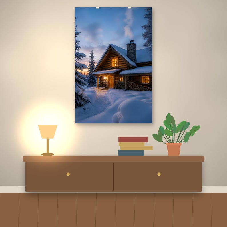 May include: A vertical wall art print depicting a log cabin in a snowy landscape at twilight. The cabin features a stone chimney, glowing yellow windows, and a wood pile. Snow covers the ground and surrounding pine trees under a soft sky.