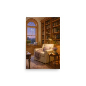 May include: A cream-colored upholstered armchair with a purple throw blanket and pillow sits beside a wooden side table holding a lamp and flowers. A tall wooden bookshelf filled with books stands against the wall near a large arched window.