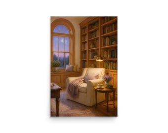 Moonlit Reading Room Wall Art, Cozy Library Nook Canvas or Poster Print, Home Office & Bedroom Decor, Lavender Honey Oak, Bookish Gift