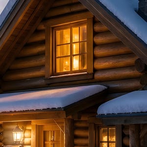 May include: A log cabin exterior featuring horizontal brown timber walls, a gabled roof covered in white snow, and a central window glowing with warm yellow light. A metal lantern hangs near the entrance, illuminating the wooden structure.