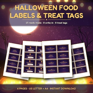 May include: Four sheets of printable Halloween food labels and treat tags featuring dark purple backgrounds with gold borders and text. The text reads HALLOWEEN FOOD LABELS & TREAT TAGS, 15 ready-made, 8 write-in, 8 treat tags, and 4 PAGES US LETTER + A4 INSTANT DOWNLOAD.