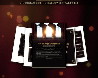 Gothic-Halloween-Party-Set, druckbare viktorianische Einladungen, Menükarten, Cocktailkarten, Schilder, Banner, Maskenball-Dekoration, sofort als PDF verfügbar