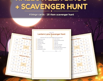 Halloween-Bingo-Karten & Schnitzeljagd zum Ausdrucken, Halloween-Partyspiele für Kinder, Familien und Klassenzimmer, Sofort-Download als PDF