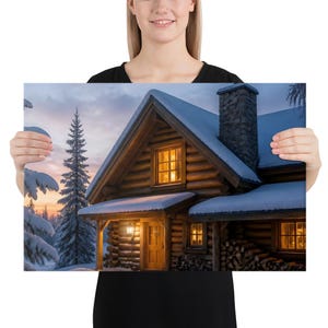 Hearthlight Cabin Snowy Log Cabin Wall Art, Winter Forest Canvas Print, Warm Glowing Windows, Cozy Lodge Decor, Housewarming Gift