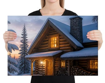 Cuadro decorativo de cabaña nevada Hearthlight Cabin, impresión en lienzo de bosque invernal, ventanas cálidas y luminosas, decoración acogedora de cabaña, regalo de inauguración de casa