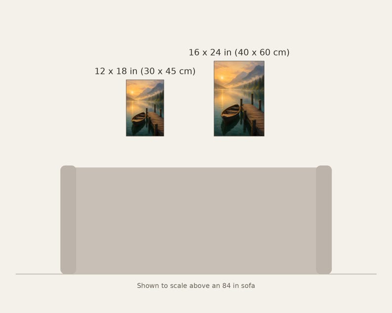 May include: Two vertical wall art prints depicting a lake scene with a wooden boat and pier at sunset. The prints are labeled with dimensions of 12 x 18 inches and 16 x 24 inches, shown to scale above an 84 inch sofa illustration.