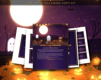Gemütliches Halloween-Party-Set für Familien: Einladungen, Spiele, Malvorlagen, Menü, Süßigkeitenetiketten, Banner, Kürbisdeko, sofort als PDF verfügbar