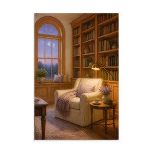 Moonlit Reading Room Wall Art, Cozy Library Nook Canvas or Poster Print, Home Office & Bedroom Decor, Lavender Honey Oak, Bookish Gift