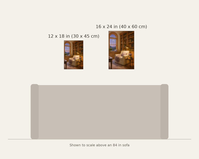 K&ouml;nnte beinhalten: Zwei rechteckige Wandkunstdrucke, die eine Bibliotheksszene mit einem Sessel zeigen, beschriftet mit den Ma&szlig;en 30 x 45 cm und 40 x 60 cm, platziert &uuml;ber einer beigen 84-Zoll-Sofa-Illustration als Gr&ouml;&szlig;envergleich.
